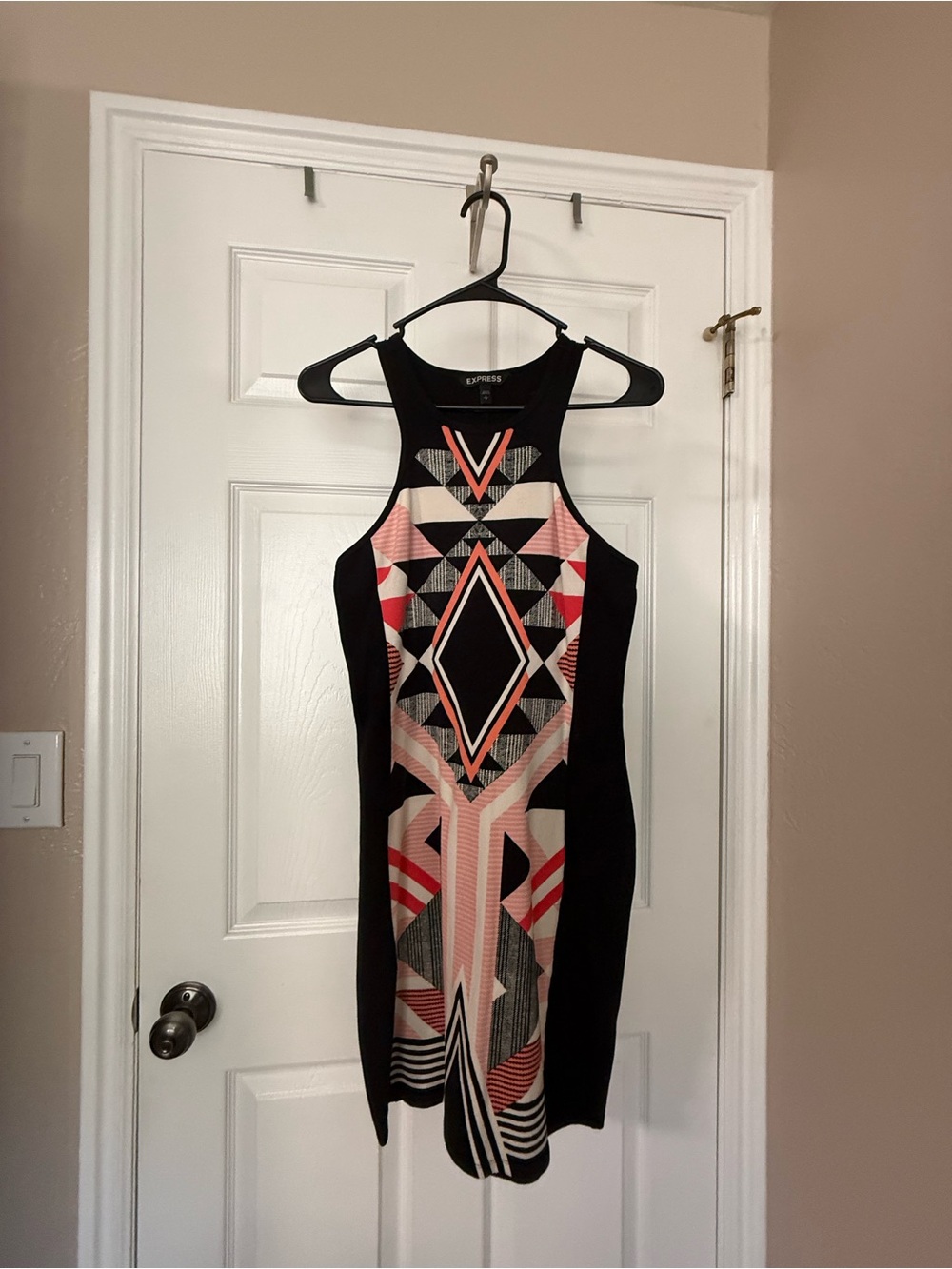 Express Black Midi Dress with Pink and Red Geometric Pattern